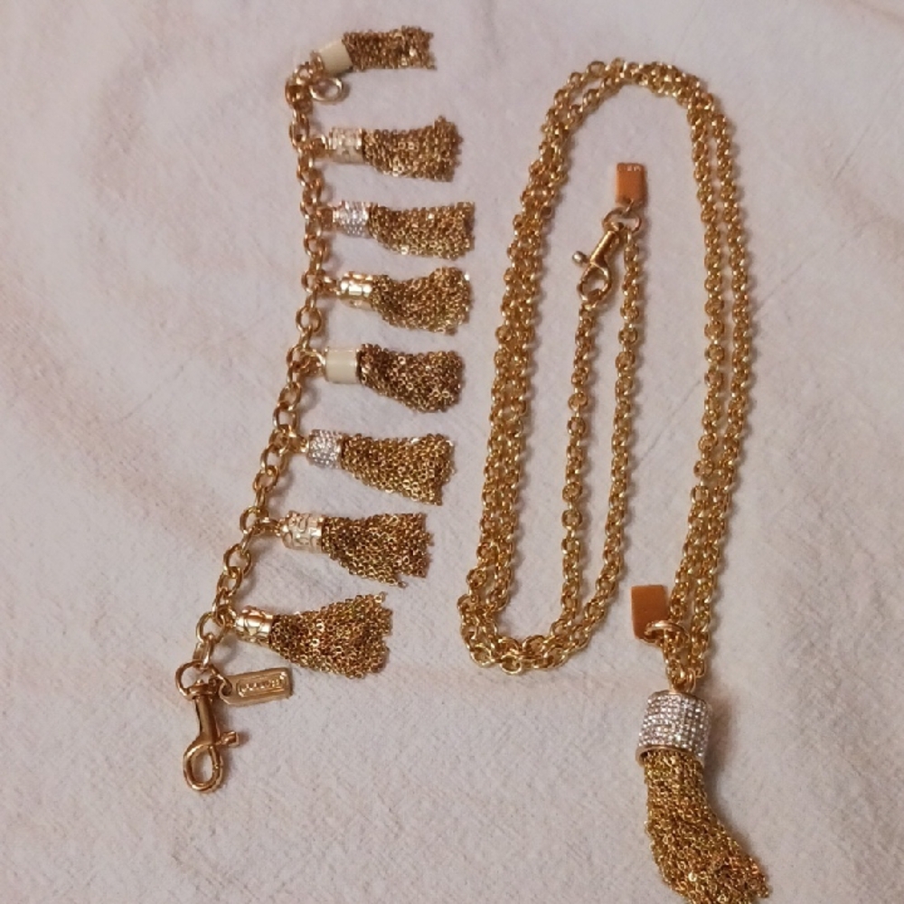 Coach Elegant Gold Tassel Necklace and Bracelet Set